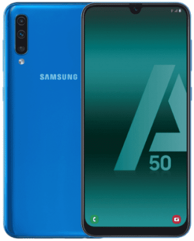Un teléfono Samsung azul con una configuración de triple cámara y el logotipo de Samsung en la parte trasera.