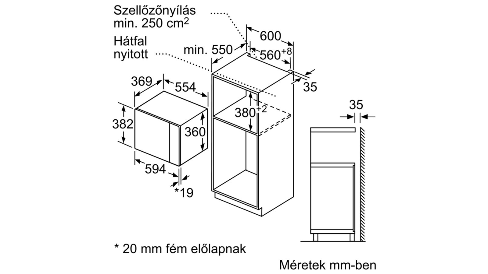 Beépíthető mikrohullámú sütő műszaki rajza, méretekkel mm-ben.