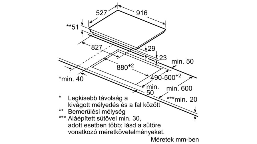 Beépített főzőlap diagramja méretekkel, a kivágás méretét és a milliméterben megadott méreteket mutatja.