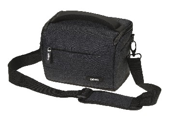Una bolsa de cámara negra con una correa para el hombro. La bolsa tiene un asa superior y cremallera.