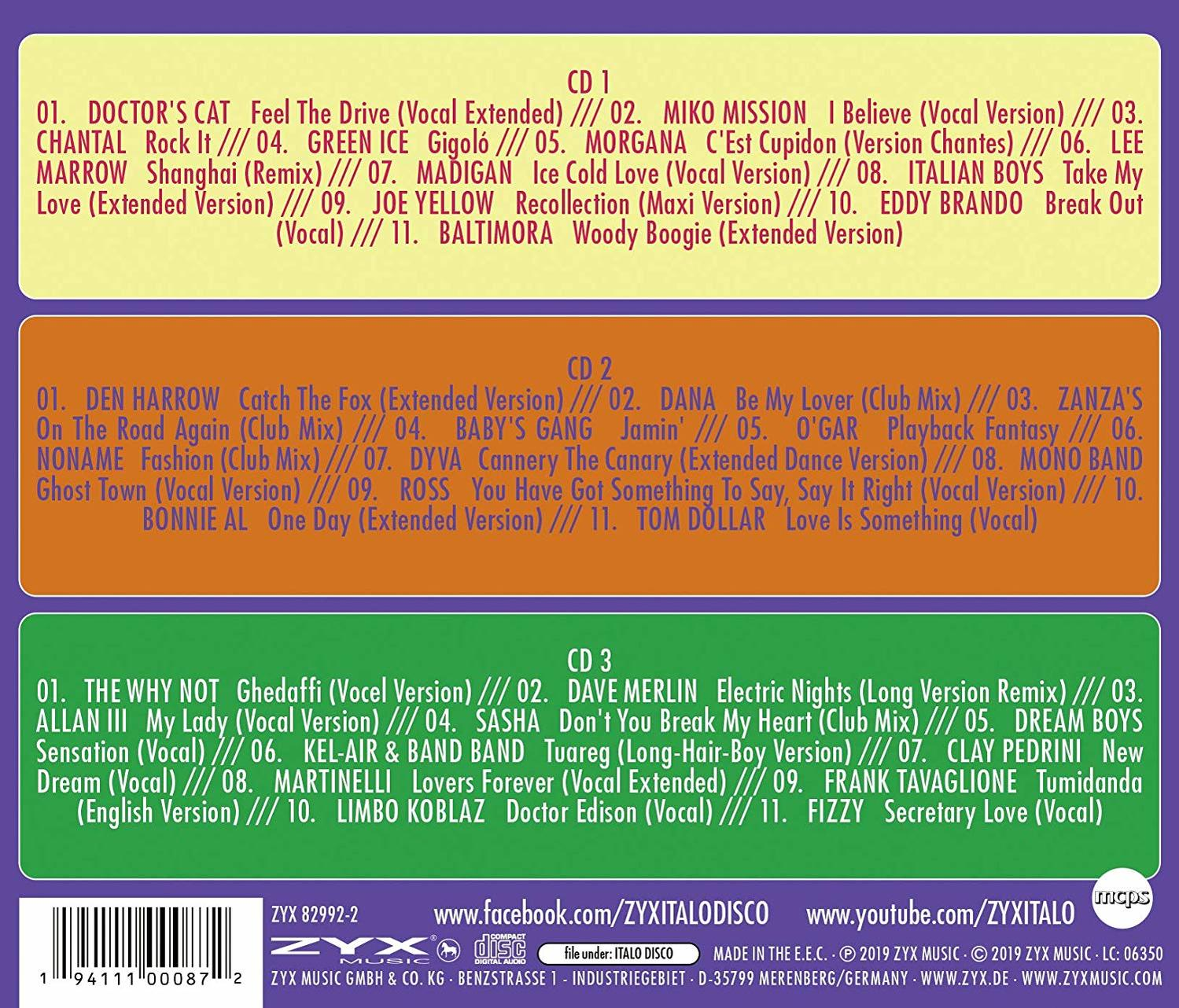 Ein CD-Cover mit drei Zeilen von Songtiteln, in orangefarbenen, lila und grünen Hintergründen.
