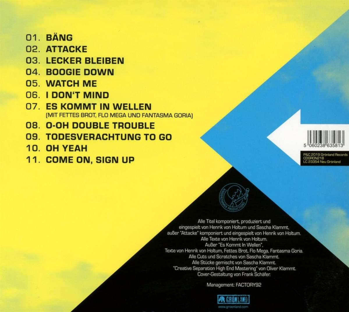 Rückseite einer CD mit Titelliste und Logo, Text in Deutsch und Englisch.