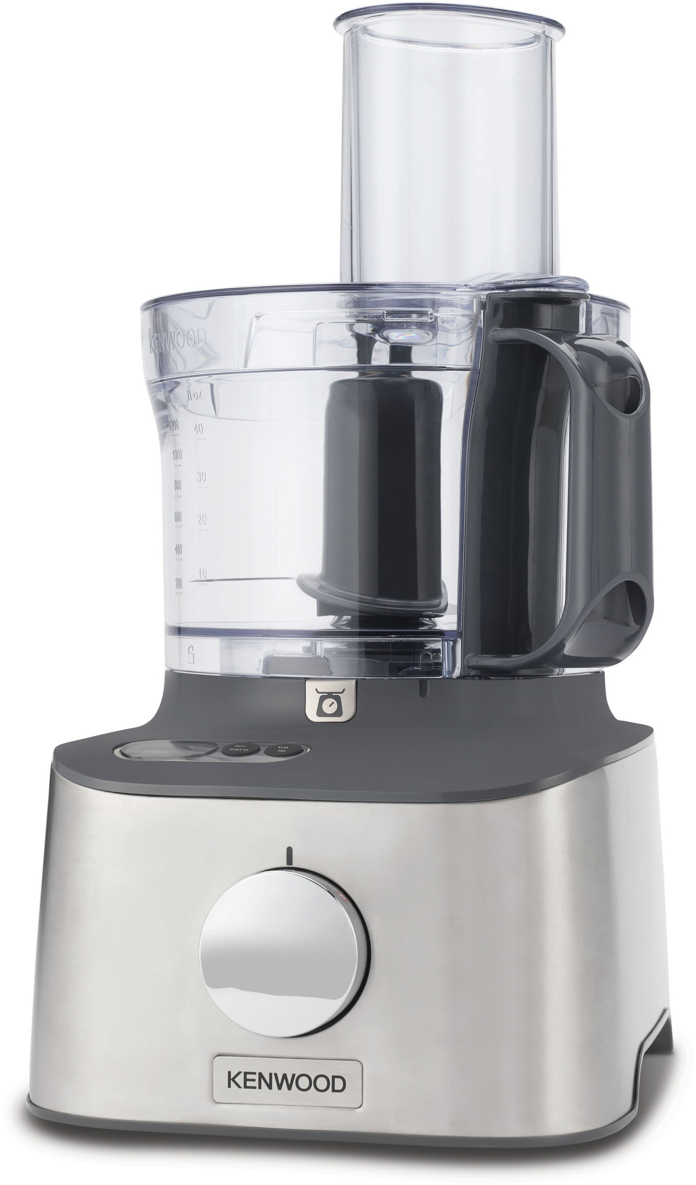 Küchenmaschine mit silbernem Sockel, klarer Schüssel und schwarzem Griff.