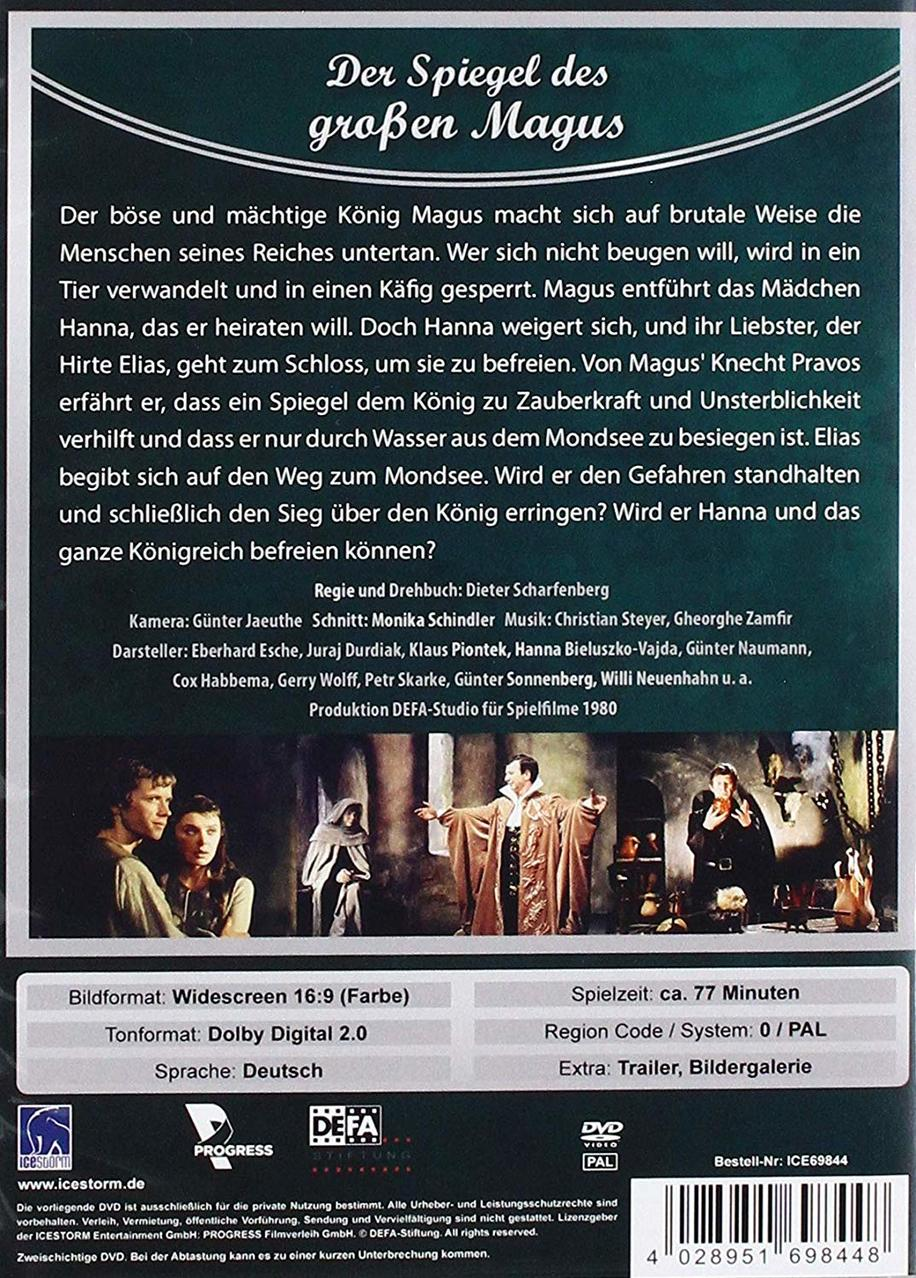 DVD-Cover mit Text und Bildern aus einem Film. Der Film heißt „Der Spiegel des großen Magus“.