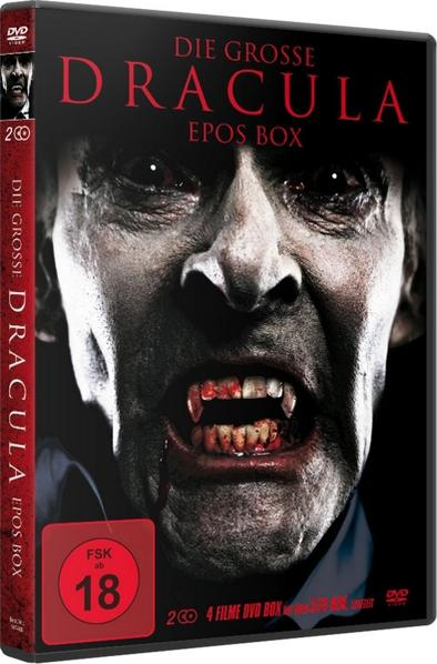 DVD-Cover von "Die Grosse Dracula Epos Box" mit Vampirgesicht und Text.