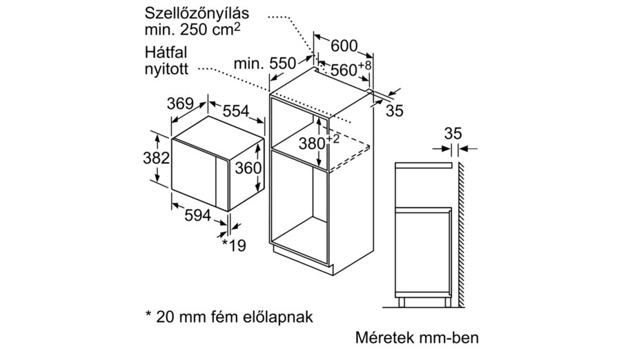 Mikrohullámú sütő diagramja méretekkel, a sütőt és a helyét mutatva.