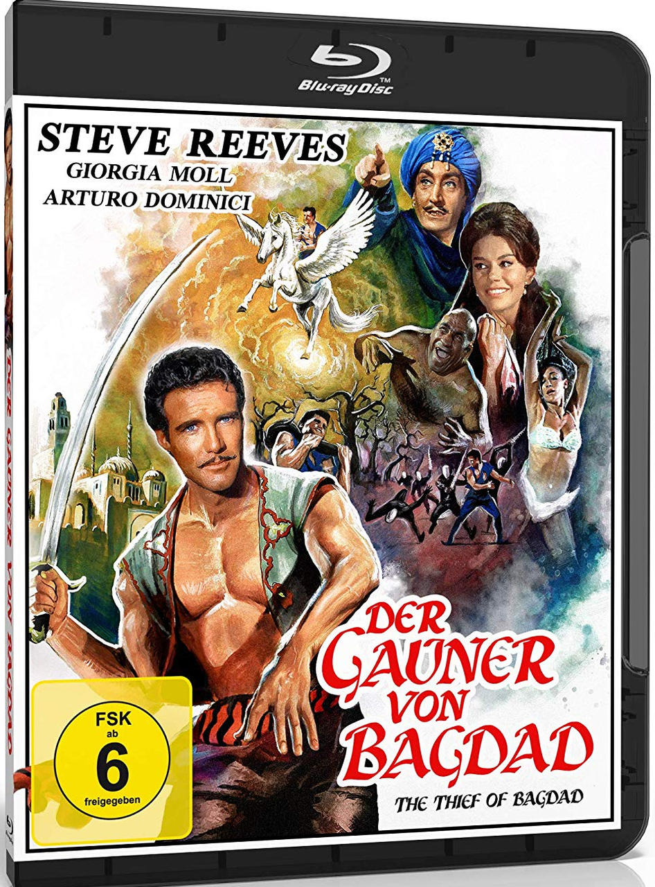 DVD-Hülle von 'The Thief of Baghdad'. Cover zeigt Mann mit Schwert und verschiedene Charaktere.