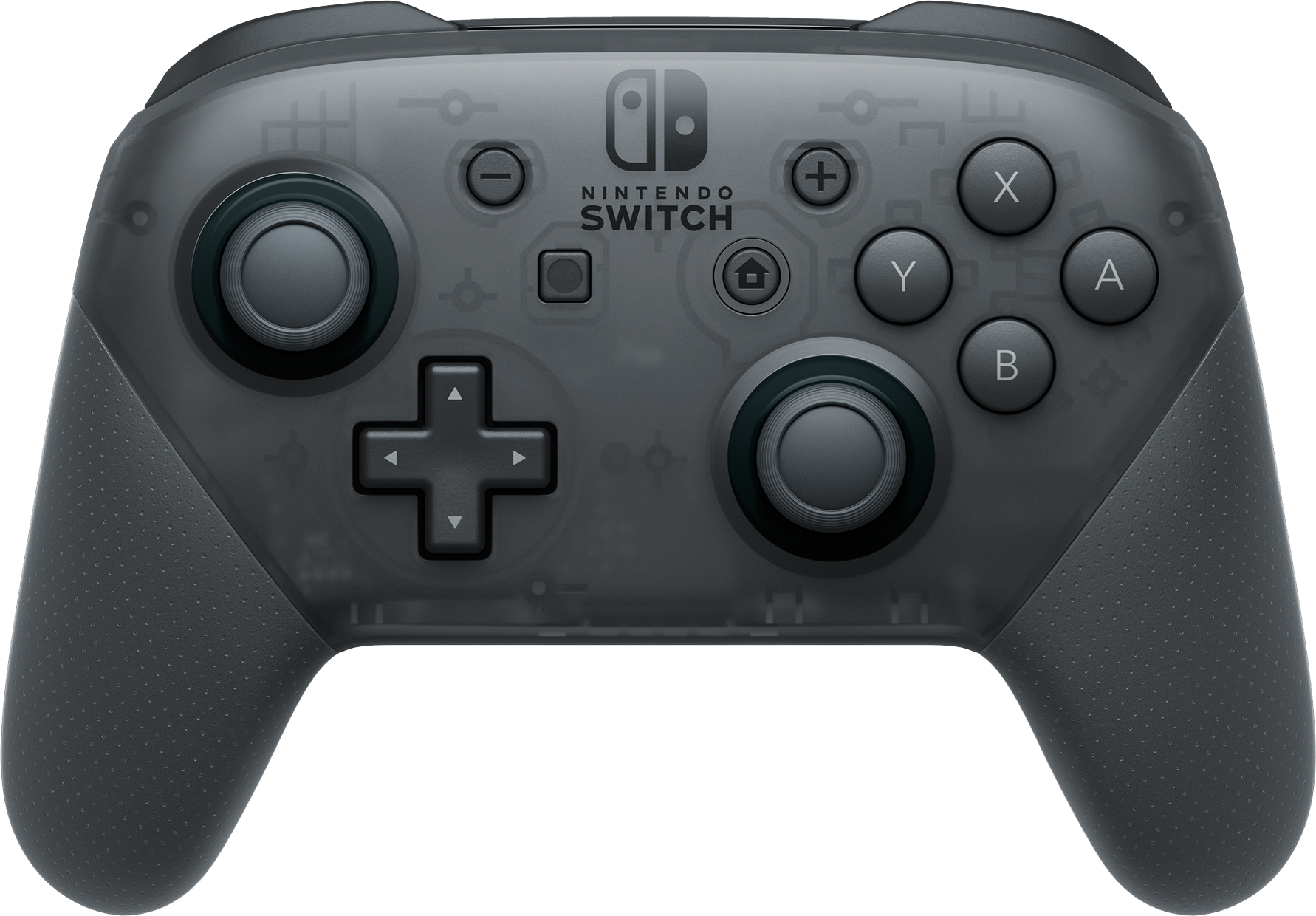 Nintendo Switch Pro Controller, grau, mit Knöpfen, Steuerkreuz und Joysticks, auf weißem Hintergrund.
