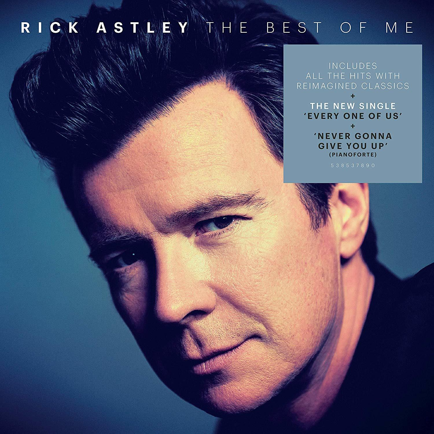 Rick Astley Albumcover. Nahaufnahme von Rick mit Textblock mit Hits und einer neuen Single.