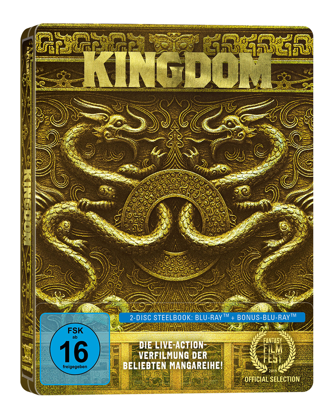 Goldfarbene Blu-ray-Disc-Hülle mit geprägten Drachen und Text. Enthält eine Disc mit der Bewertung FSK 16.