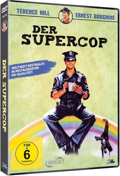 Ein Film-DVD-Cover mit Terence Hill und Ernest Borgnine. Ein Polizist sitzt auf einem Regenbogen.