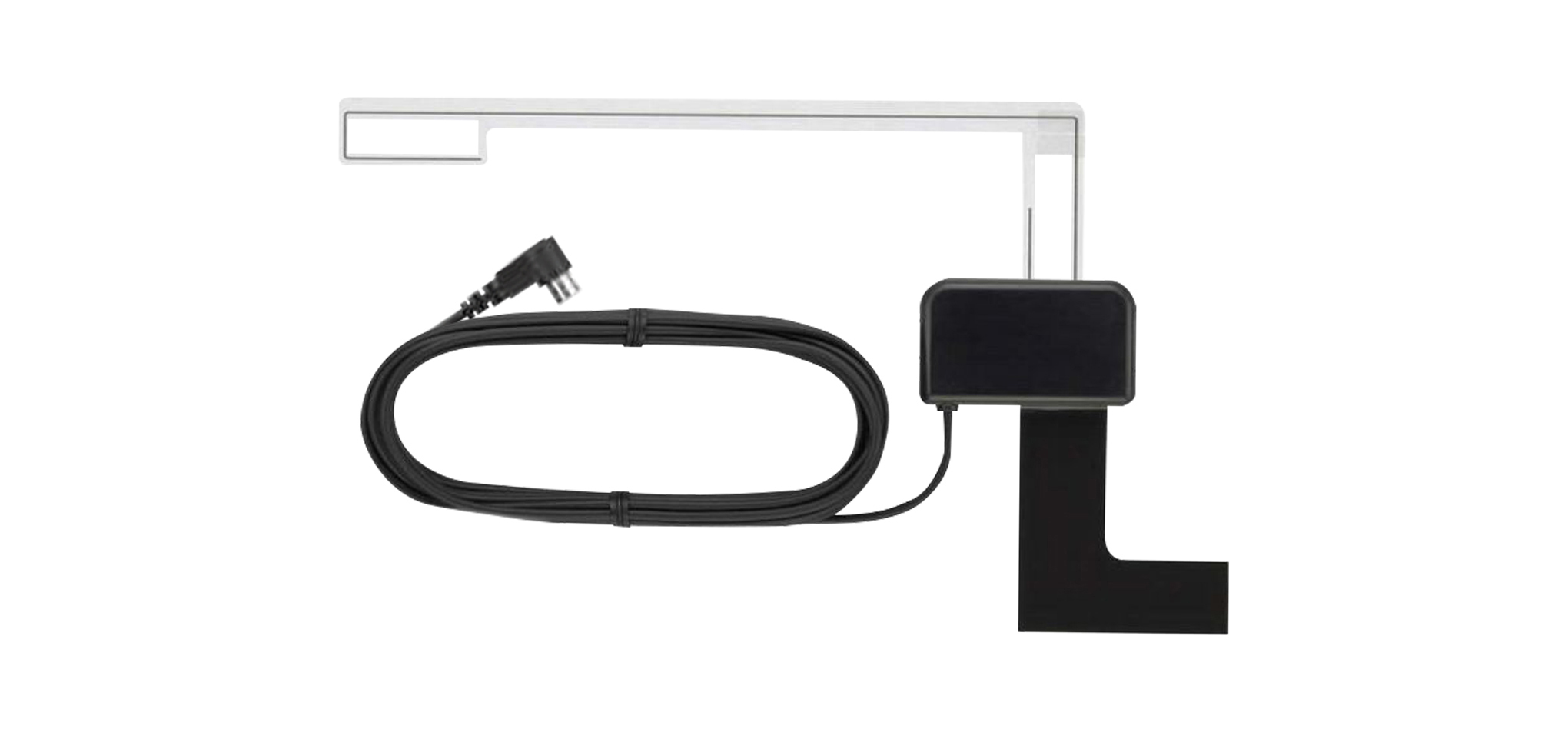 Eine Antenne mit schwarzem Kabel und schwarzem rechteckigen Sockel.
