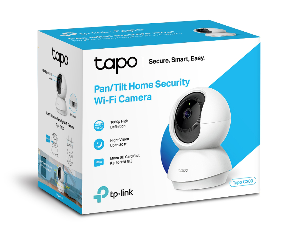 A white and blue Tapo Wi-Fi camera in a box with details.