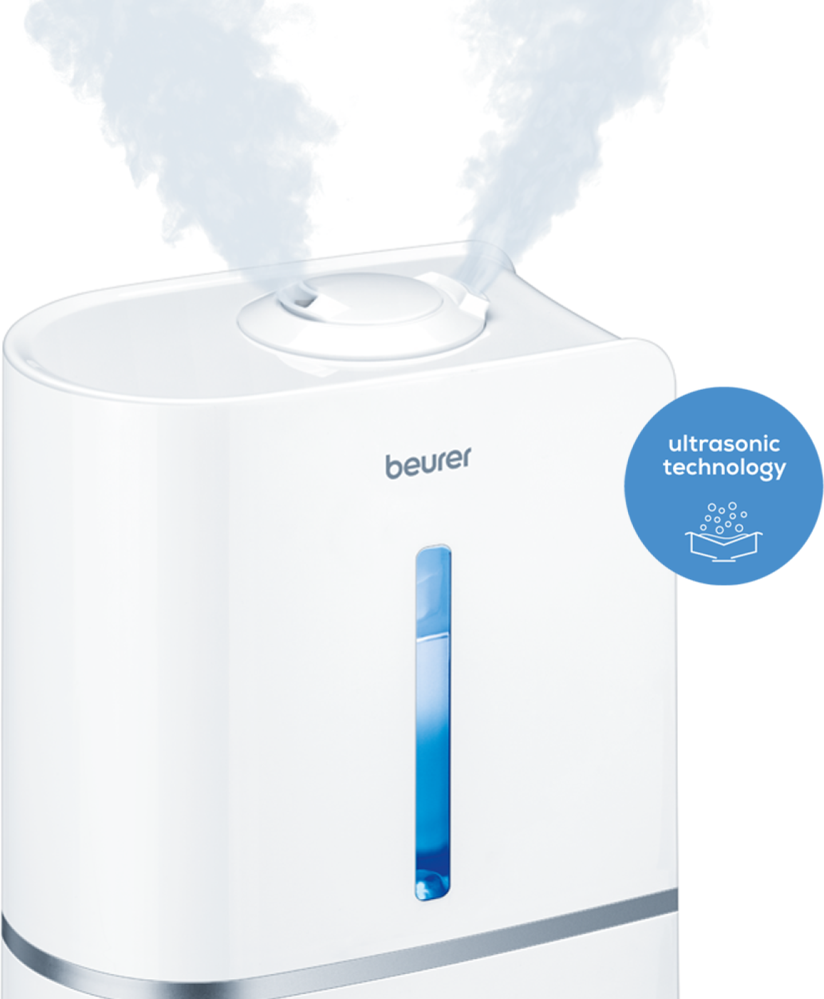 Umidificatore bianco con indicatore del livello dell'acqua blu e logo tecnologia ultrasonica.