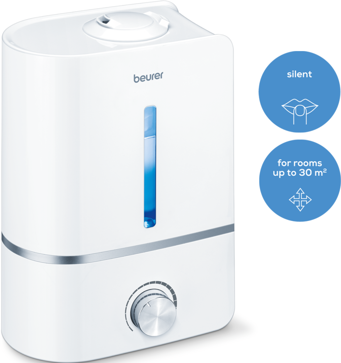 Umidificatore bianco con indicatore del livello dell'acqua blu e manopola di controllo.