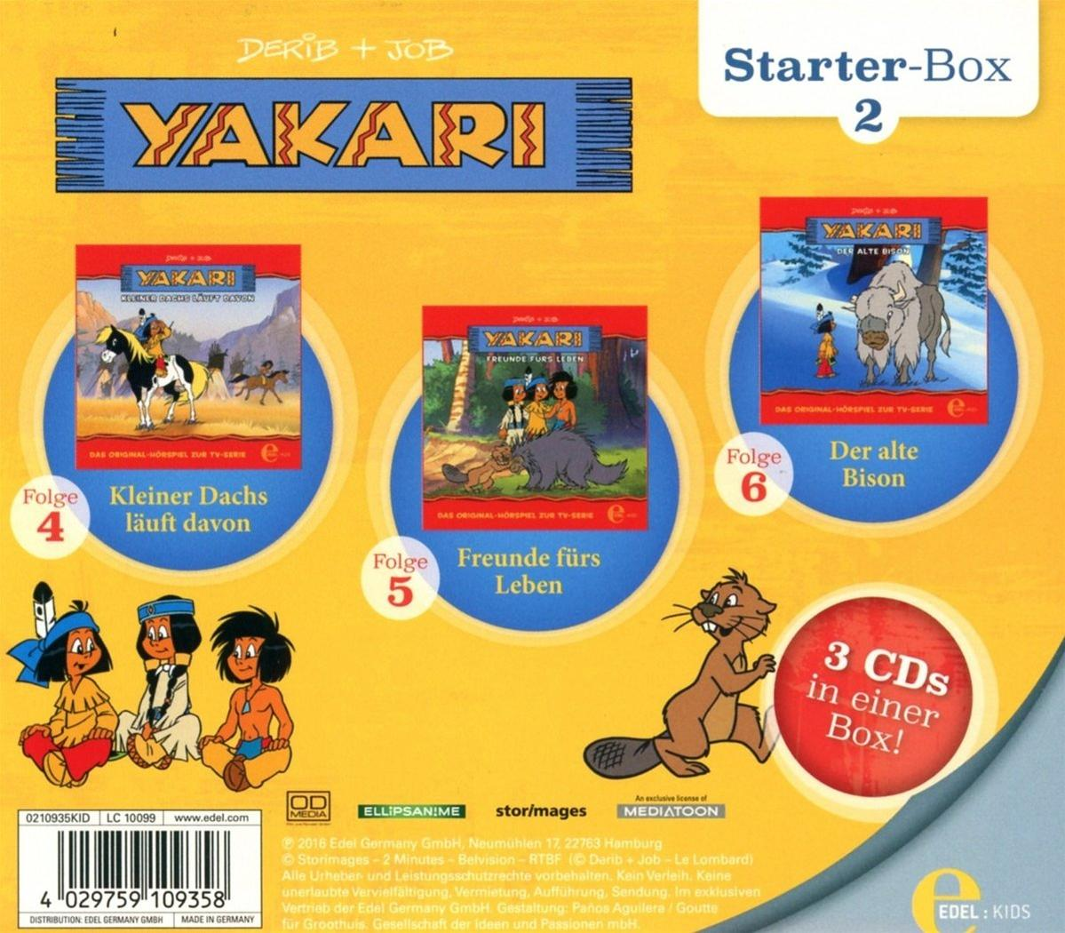 Eine Rückseite für ein Yakari-Album. Es zeigt Cartoon-Bilder von Yakari mit Text und CD-Bildern.