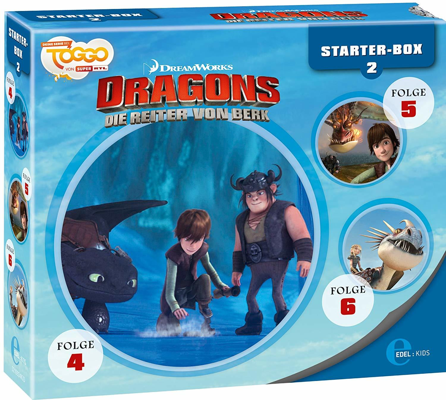 Eine Box-Set eines Cartoons mit mehreren Bildern von Charakteren aus dem Film 'Dragons'.