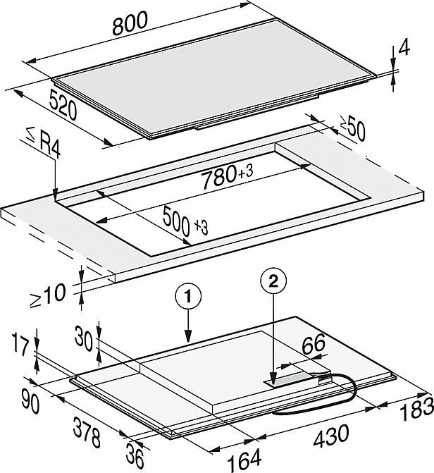Diagramm eines Kochfelds mit Abmessungen. Zeigt Draufsicht und Unteransicht.