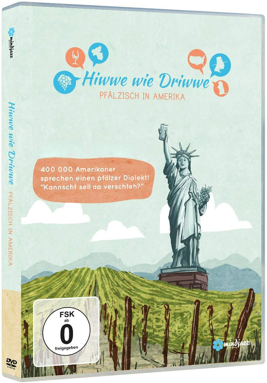 DVD-Hülle mit Freiheitsstatue und Text 'Hiwwe wie Driwwe Pfälzisch in America'.