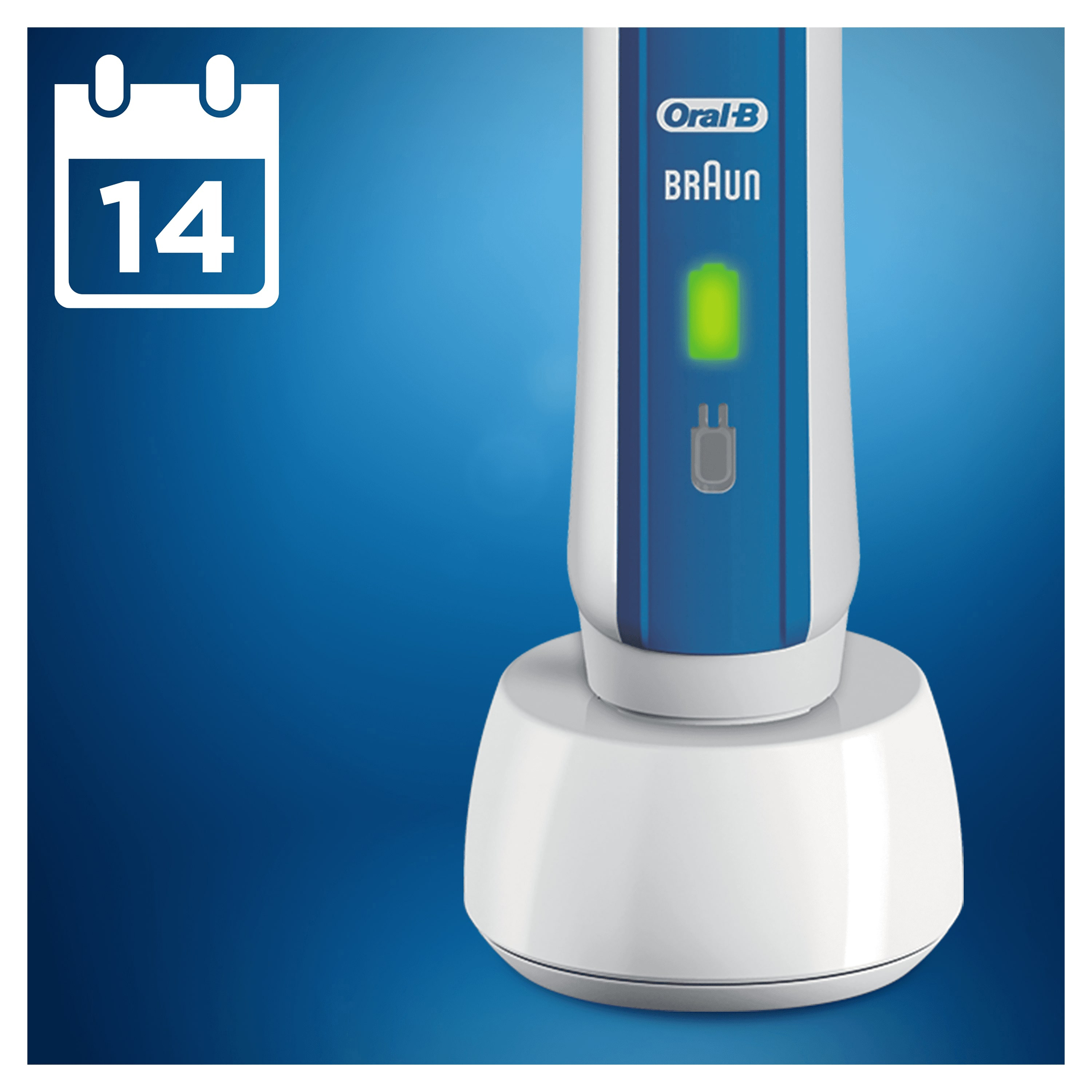 Eine elektrische Zahnbürste, die auf einer weißen Basis geladen wird. Ein Kalendersymbol zeigt 14.