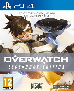 Portada del juego: Overwatch Legendary Edition con arte de personajes, logo de PS4 y texto en inglés y español.