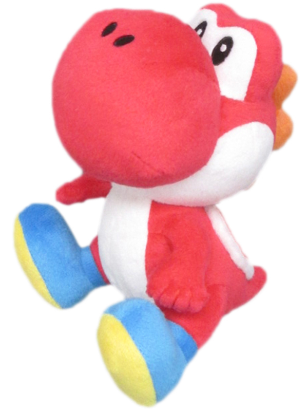 Ein roter Yoshi-Plüsch mit blauen und gelben Schuhen sitzt.
