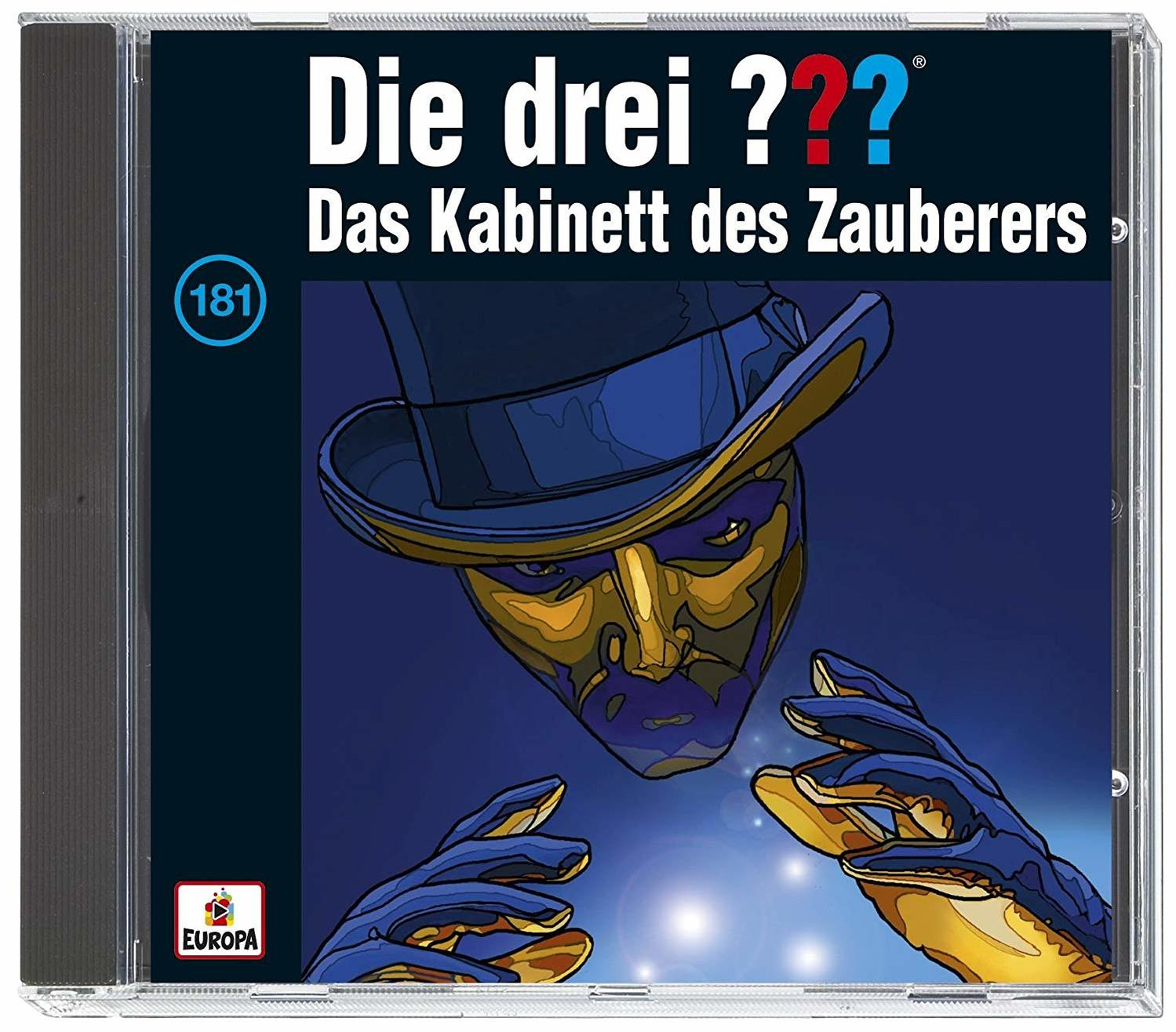 CD-Hülle mit einem Zauberer. Auf dem Cover steht: Die drei ???, Das Kabinett des Zauberers. Blauer Hintergrund.