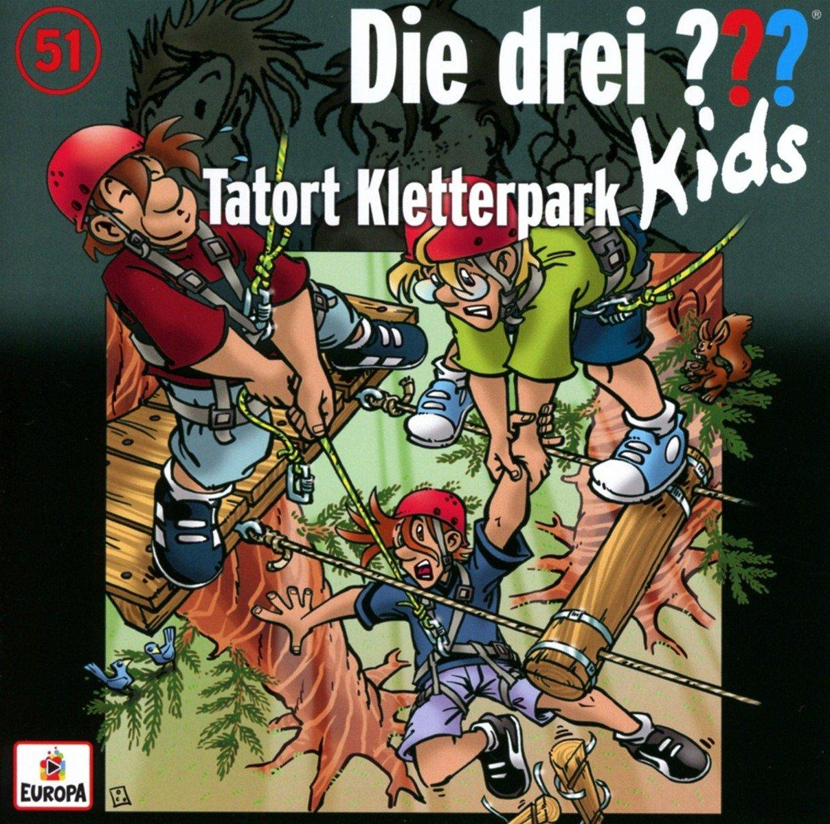 Buchcover: Die drei ??? Kids. Drei Kinder auf einem Kletterkurs. Cartoon-Stil.