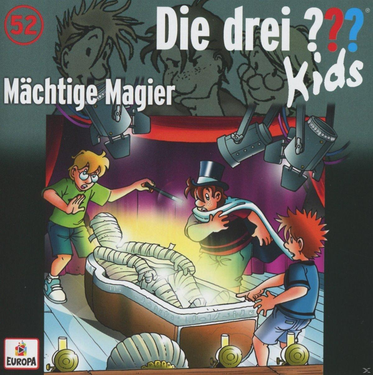 Cover von "Die drei ??? Kids" mit Zeichentrickkindern, die Magie praktizieren, Bühnenbeleuchtung und einer Mumie.