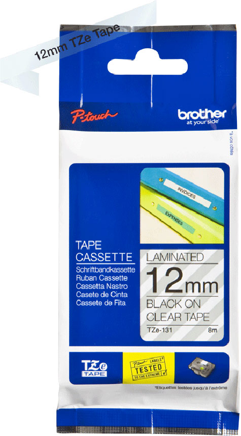 A Brother P-touch tape cassette package with text and color.