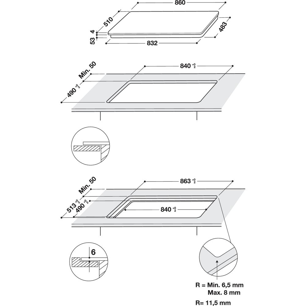 Beépített főzőlap diagramja méretekkel, a kivágás méretét és a milliméterben megadott méreteket mutatja.