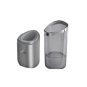 Two silver AEG products, one a dispenser and one a smaller container.