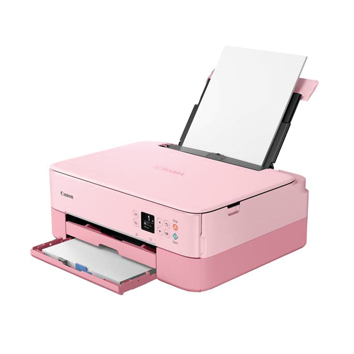 Impresora Canon rosa con bandeja de papel abierta y papel dentro. Fondo blanco.
