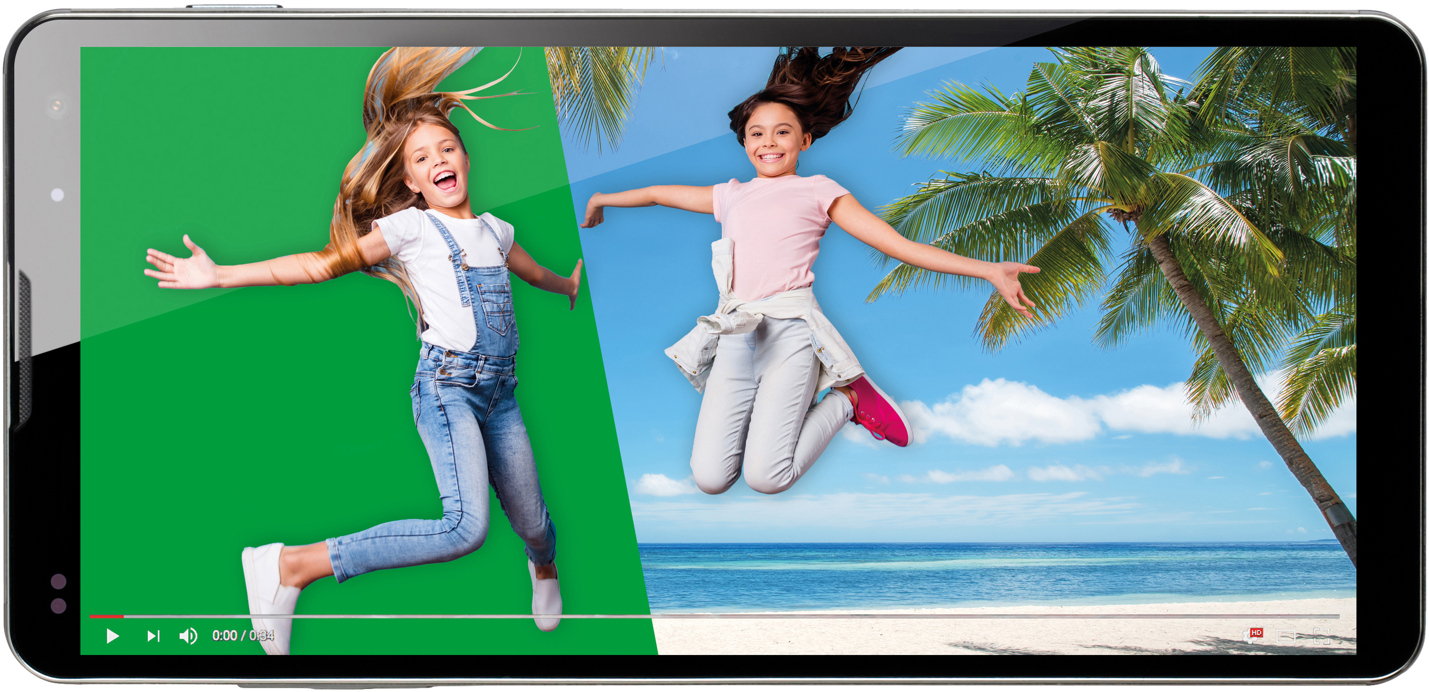 Tablet zeigt zwei springende Mädchen, eines auf Grün, das andere am Strand.