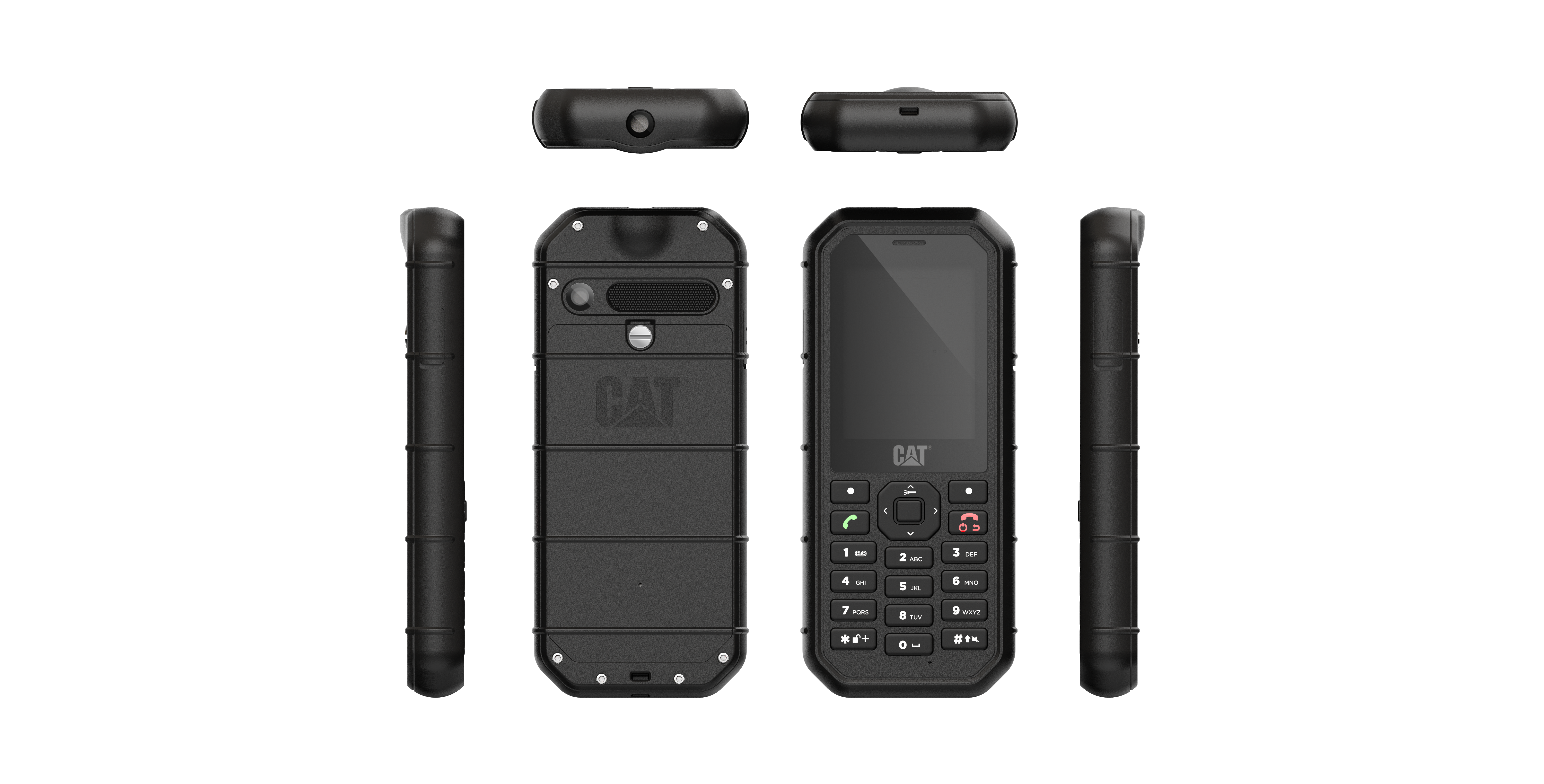 Schwarzes Smartphone mit mehreren Ansichtswinkeln, einschließlich Front-, Rück- und Seitenansichten.
