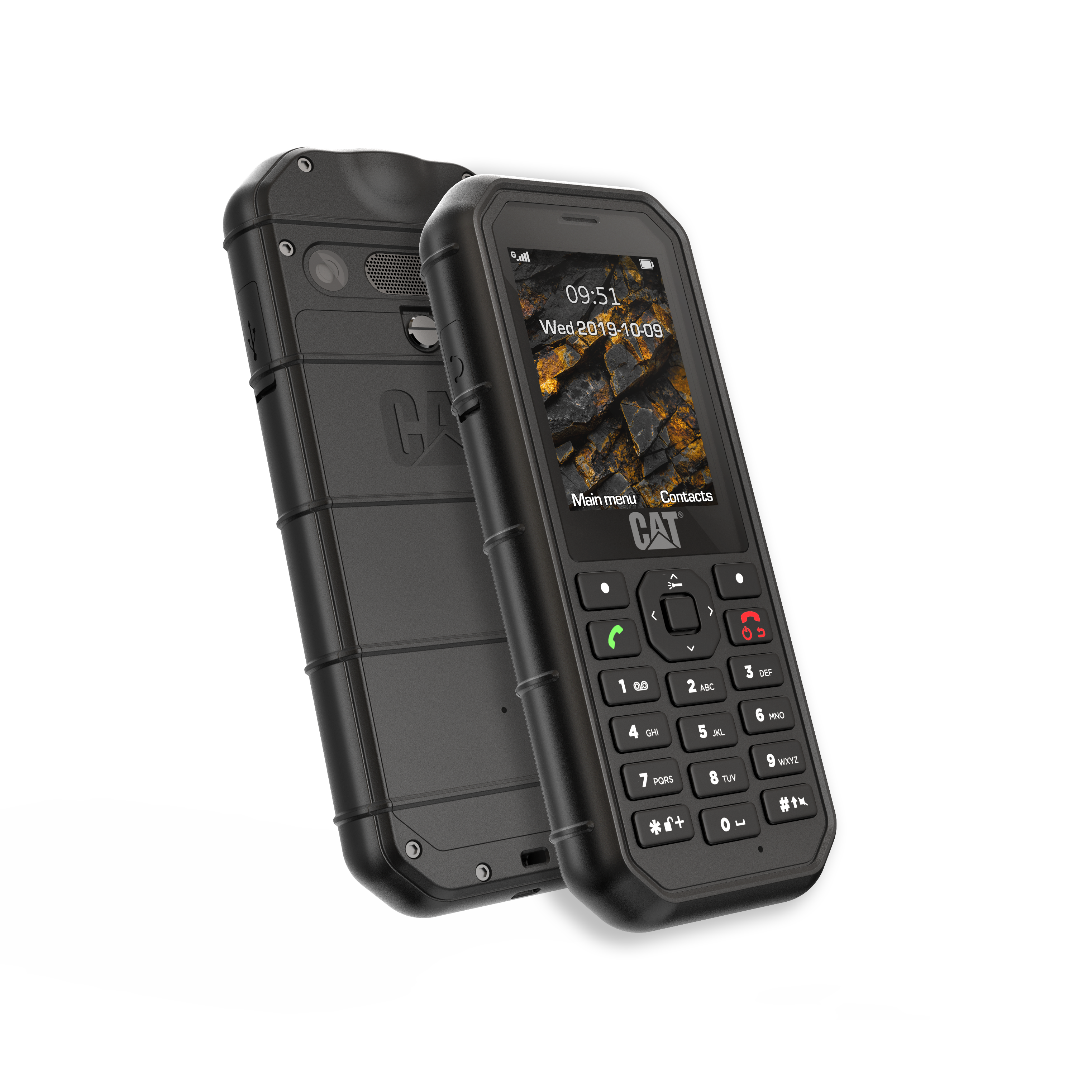 Zwei schwarze CAT-Telefone. Eines zeigt einen Startbildschirm mit einem Bild.