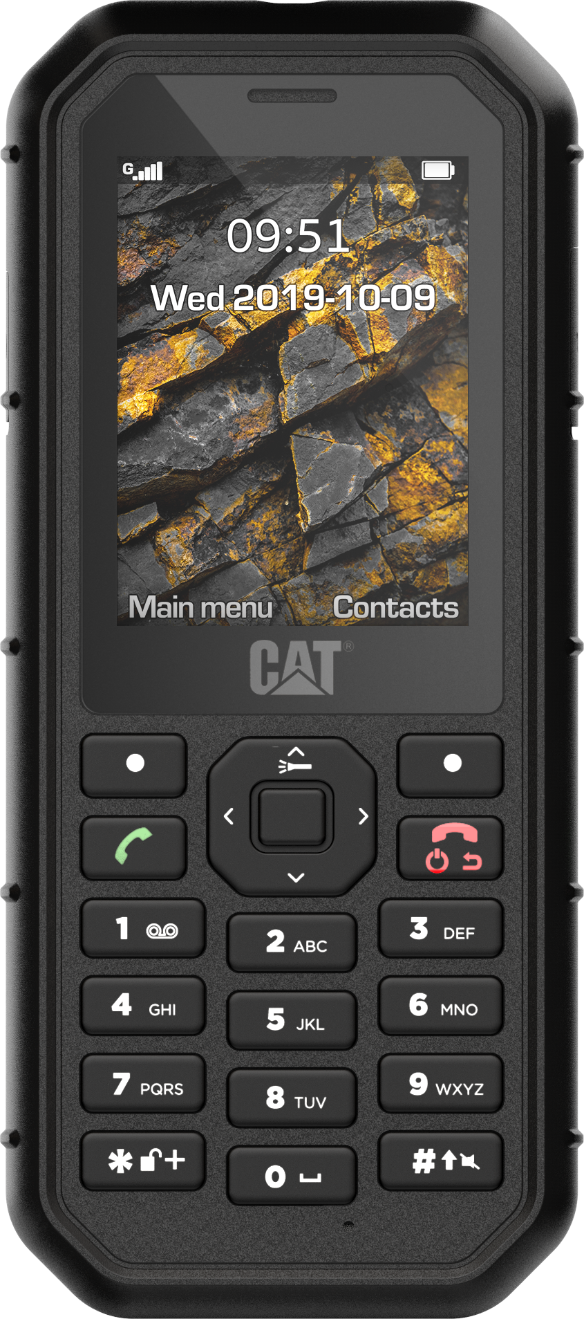 Robustes schwarzes CAT-Telefon. Zeigt einen Bildschirm mit Uhrzeit und Datum sowie einen Felsstruktur-Hintergrund.