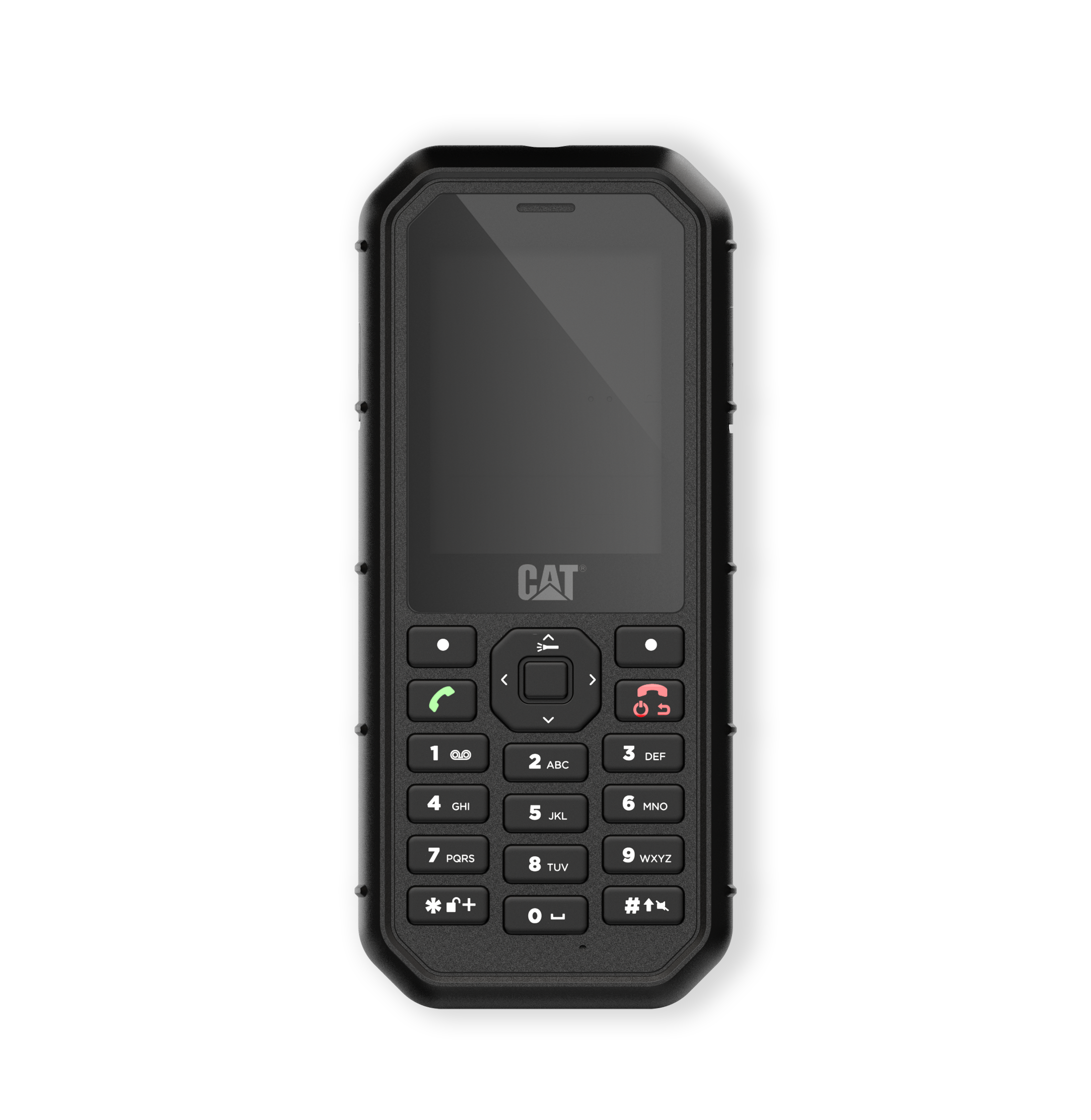 Schwarzes CAT-Telefon mit Tastatur. Das Telefon befindet sich auf schwarzem Hintergrund.