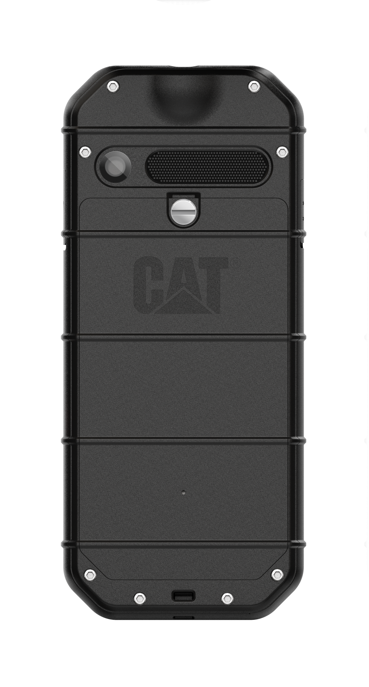 Die Rückseite eines schwarzen CAT-Telefons mit Kamera, Blitz, Lautsprecher und CAT-Logo. Es hat ein robustes Design.