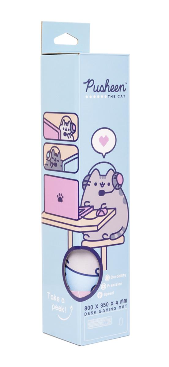 Eine Pusheen Gaming-Schreibtischmatte-Box mit Katzenillustrationen und Produktdetails.