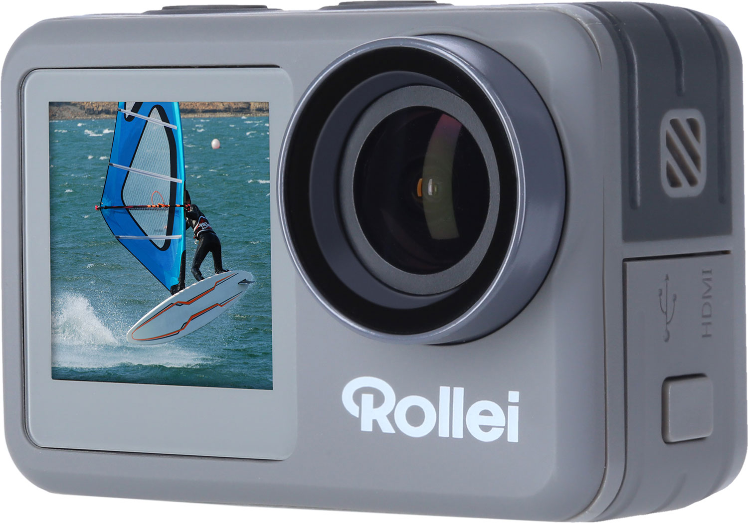 Een grijze Rollei-actiecamera. Het scherm toont een persoon die aan het windsurfen is.