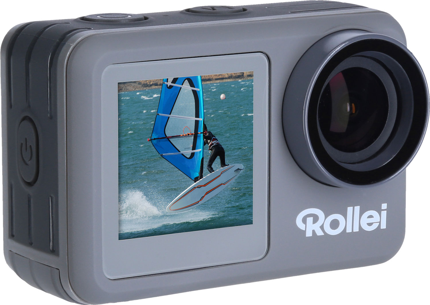 Grijze action camera met een scherm waarop een persoon aan het windsurfen is op het water.