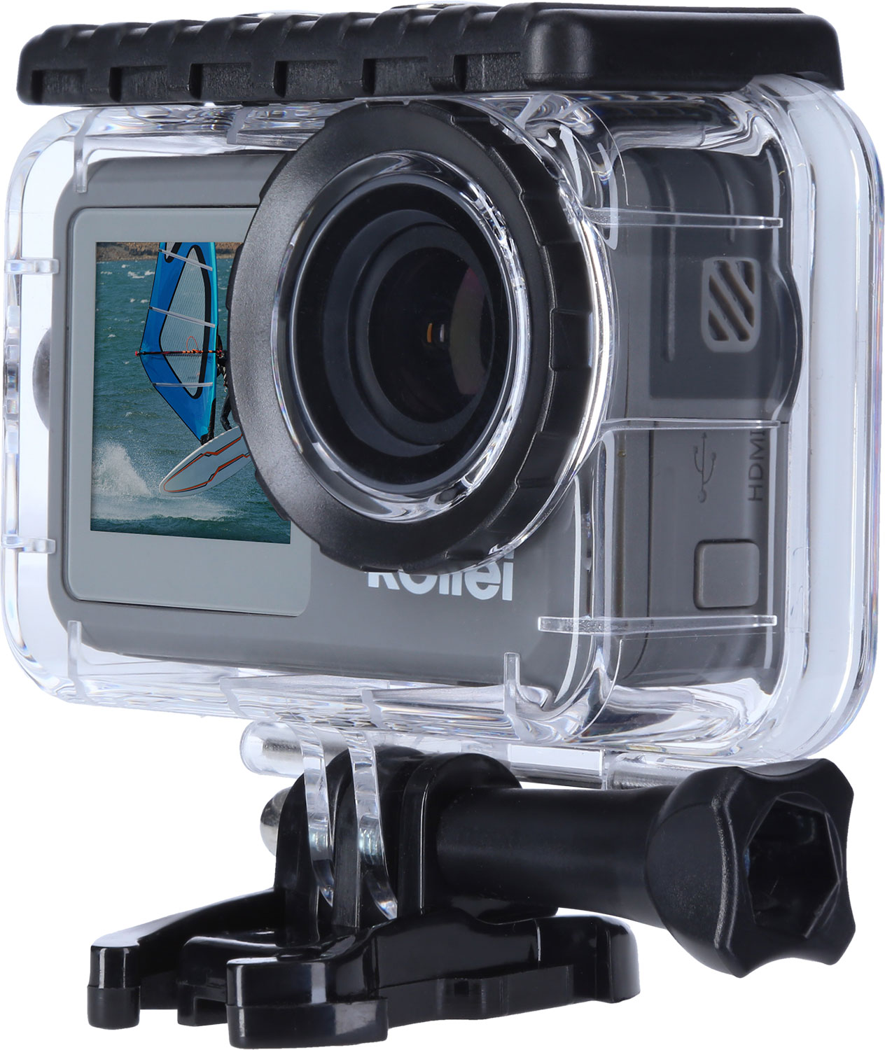 Onderwatercamera in een doorzichtige behuizing. Het scherm toont een persoon die windsurft. De lens staat in het midden.