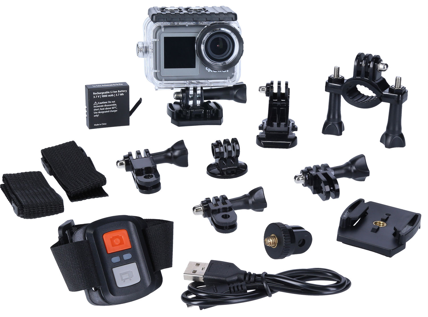 Actiecamera en accessoires, inclusief mounts en een afstandsbediening.