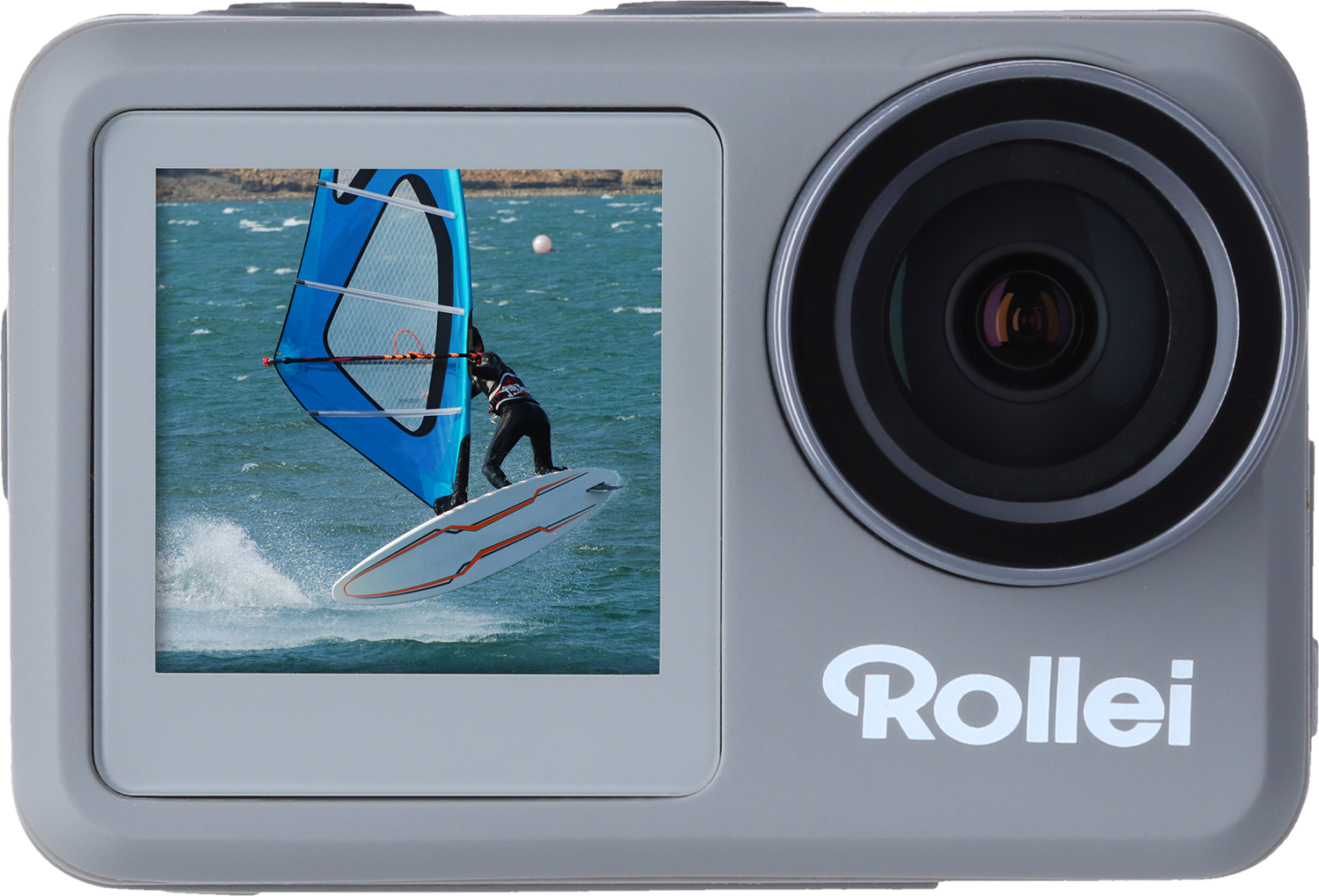 Grijze actiecamera met een scherm waarop een persoon aan het windsurfen is. Rollei merknaam is zichtbaar.