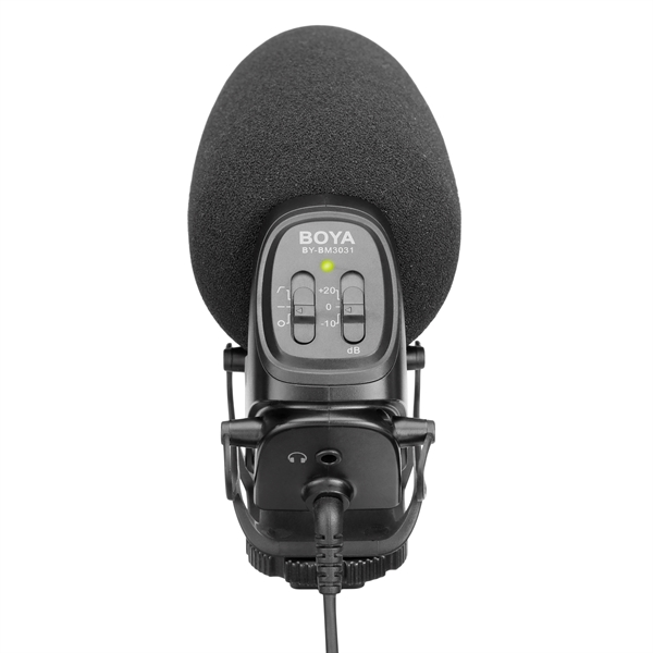 Black microphone with a foam cover. It has controls for adjusting volume and sound settings.