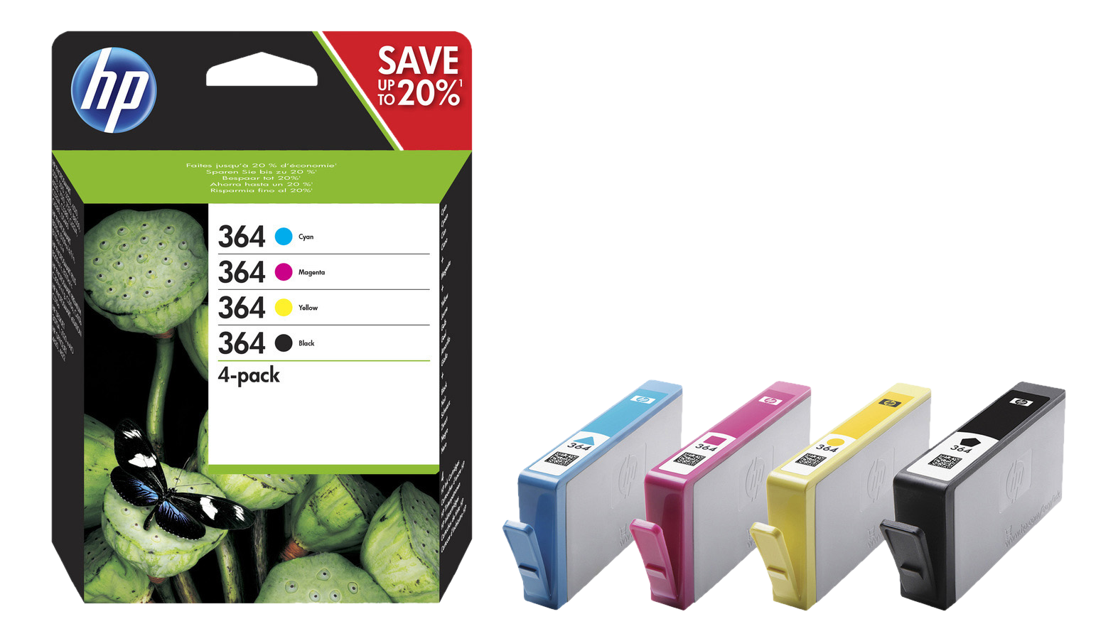 Cartucce d'inchiostro HP, confezione da 4, con un loto e una farfalla.