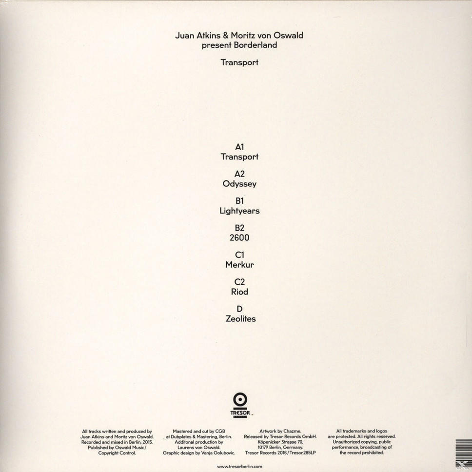 Album-Trackliste mit Titeln wie Transport, Odyssey, Lightyears, Merkur, Riod, Zeolites.