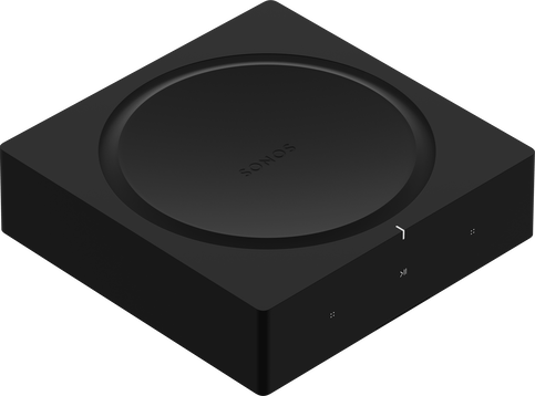 Egy fekete Sonos hangszóró lekerekített tetővel és hangerőszabályzóval. Fekete háttér.