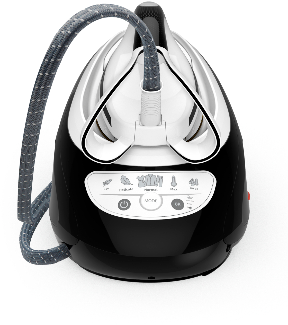 Fer à repasser vapeur noir et blanc avec un tuyau gris, commandes étiquetées Eco, Délicat, Normal, Max et Turbo.